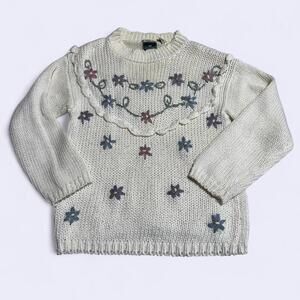 Adorable Cabin Creek vintage knit sweater with embroidered flowers and mock neck
